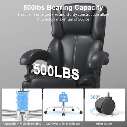 Big and Tall Office Chair, Ergonomic Leather High Back Executive Computer Chair with Retractable Footrest, Adjustable Headrest, Padded Arms, 360°Swivel Free, 90-135°Reclining, 500lbs Wide Seat, Black