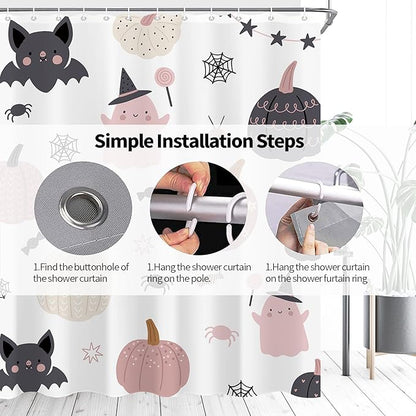 Cute Halloween Shower Curtain 60"X72" Ghost Pumpkin Spooky Funny Girls Shower Curtain Set for Bathroom Kids Cartoon Lovely Waterproof Bathtub Curtain Decor Bat Bathroom Curtain with 12 Hooks