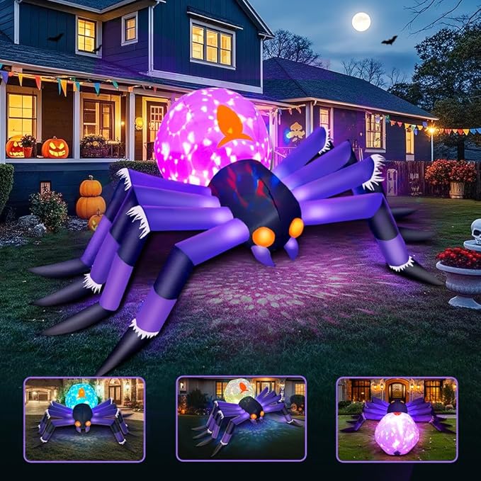 8FT Halloween Inflatables Spider Decoration, Built in 3-Colored Flame Rotation LEDs Halloween Blow up Outdoor Decorations for Halloween Holiday Party Lawn Yard Outside Garden Décor