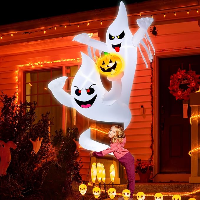 7FT Halloween Inflatables Decoration Outdoor Large Ghost Twining Around Tree with Build-in LED Lights, Halloween Blow Up Yard Decorations, Cute Halloween Decor for Party Garden Lawn Indoor