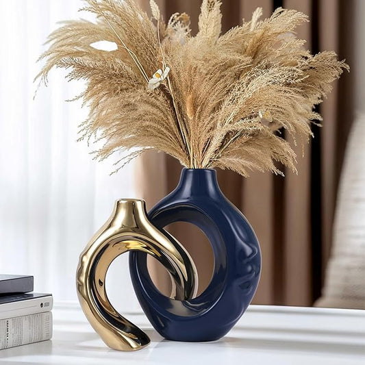 Blue Gold Ceramic Vase Set of 2 for Modern Home Decor,Round Boho Vase for Pampas Grass,Neutral Minimalist Vase for Dining Room Table Centerpiece Dining Room,Wedding Table Decoration