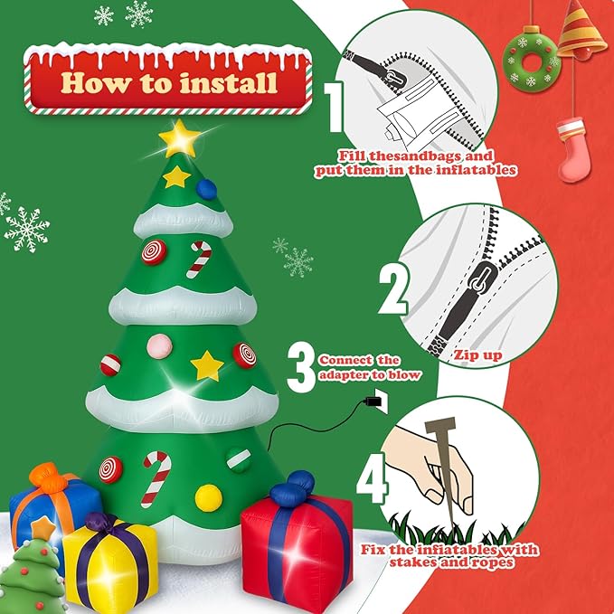 7 FT Christmas Inflatable Tree Outdoor Decorations, Blow up Christmas Tree with 3 Gift Boxes Yard Decoration Built-in LED Lights for Garden Lawn Holiday Decor