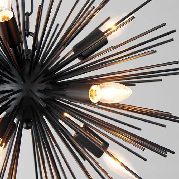 20" Black Sputnik Chandelier Vintage 9-Light Geometric Starburst Chandelier Light Fixture Farmhouse Solid Metal Black Sputnik Chandeliers for Dining Room, Kitchen, Bedroom, Living Room