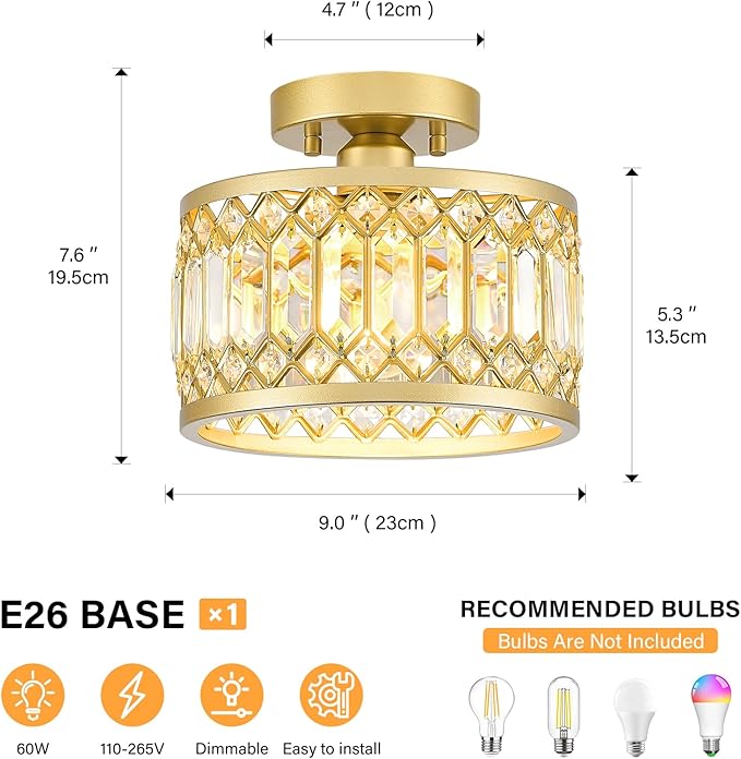 Crystal Ceiling Light Fixture, Modern Semi Flush Mount Ceiling Light, Gold Lighting Fixtures Ceiling Lamp for Hallway, Kitchen, Entryway, Bedroom, Laundry Room, 9.05 Inch