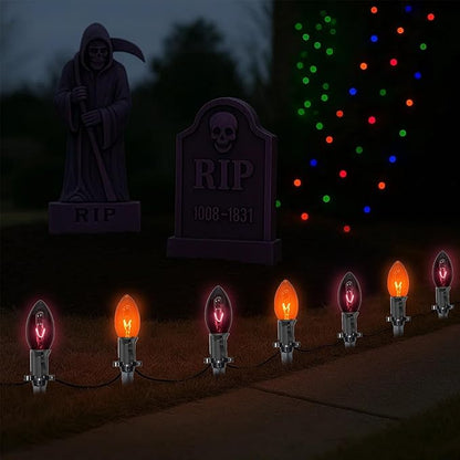 Halloween Pathway Lights Outdoor,10 Pack Halloween Party Decor Stake Lights with C9 Clear Black&Orange Bulbs,19.5Ft Extendable Waterproof Walkway Lights for Yard Porch Lawn Garden