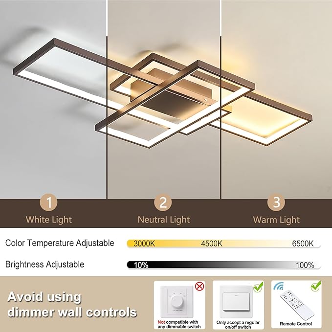 GEADI Modern Ceiling Light Fiture, Dimmable Led Flush Mount Ceiling Lamp with Remote Control,50W Square Close to Ceiling Lights for Bedroom Living Room Dining Room (35.4",Coffee, 3000K-6500K)