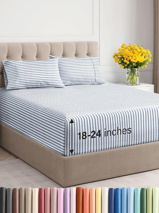 Extra Deep Twin Sheet Set - 4 Piece Breathable and Cooling Sheets - Hotel Luxury Bed Sheets Set - Easy Fit - Soft, Wrinkle Free and Comfy Sheets Set - Blue Striped Sheet Set with Extra Deep Pockets