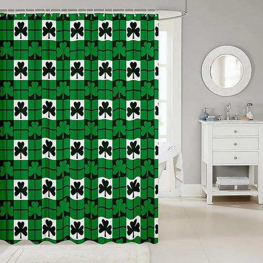 Manfei Green Leaf Kids Shower Curtains,Happy St. Patrick's Day Irish Holiday Bathroom Curtains for Girls Boys,Geometric Plaids Grids Patchwork Rustic Waterproof Curtains,12 Hooks Suits,72" W x 84" L