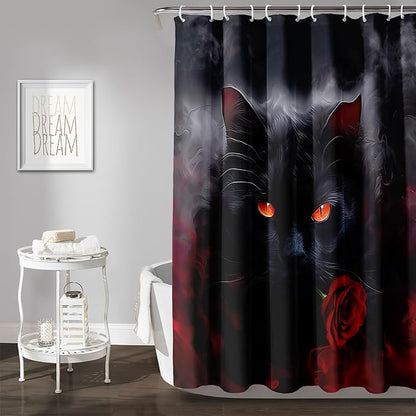 AILONEN 3D Black Cat Shower Curtain,Cat with Red Rose Polyester Cloth Bath Curtain Set for Kids Boys,Fog with Flowers Waterproof Shower Curtain for Bathroom, 48" W*72" H Black