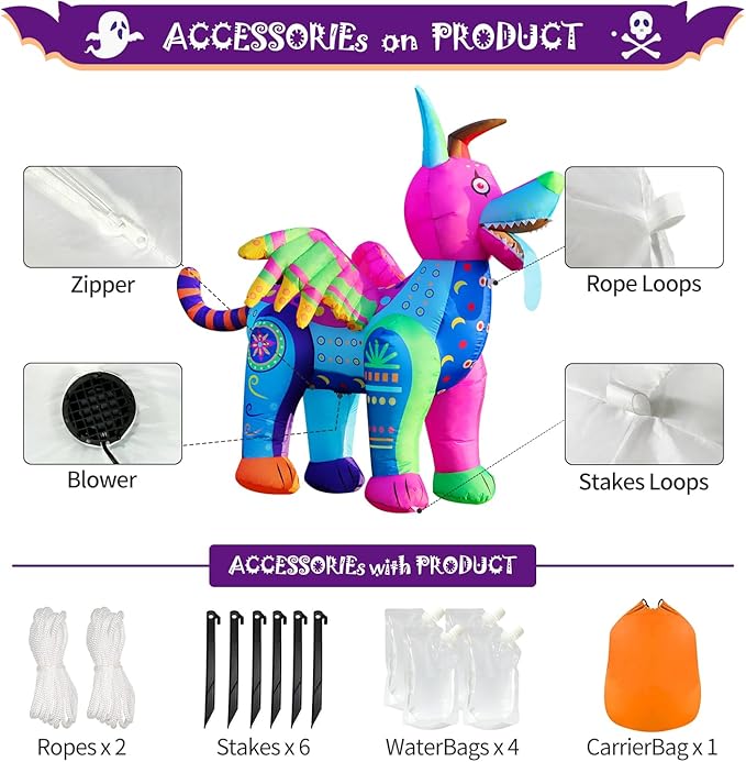DomKom 6FT Halloween Inflatable Blow Up Decorations, Dia de Los Muertos Day of Dead Alebrije, Built-in LEDs for Holiday Party, Garden, Lawn, Yard, Patio Décor