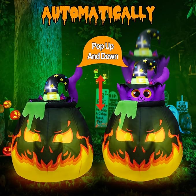 4.5FT Halloween Inflatables Cat, Automatic Pop up and Down Animated Witch Kitty in Fire Cauldron Blow up Halloween Cat Inflatable Built-in 4 LED for Halloween Decoration Outdoor Indoor