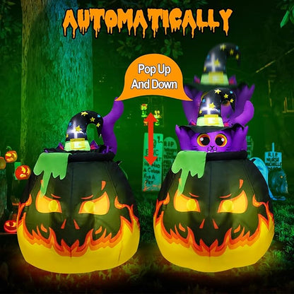 4.5FT Halloween Inflatables Cat, Automatic Pop up and Down Animated Witch Kitty in Fire Cauldron Blow up Halloween Cat Inflatable Built-in 4 LED for Halloween Decoration Outdoor Indoor