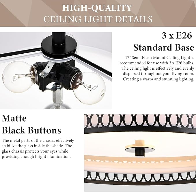 17" Semi Flush Mount Ceiling Light Fixture, Modern 3-Light E26 Double Drum Ceiling Lighting with Matte Black Iron Mesh Cage for Living Room Bedroom Hallway Entryway, Black