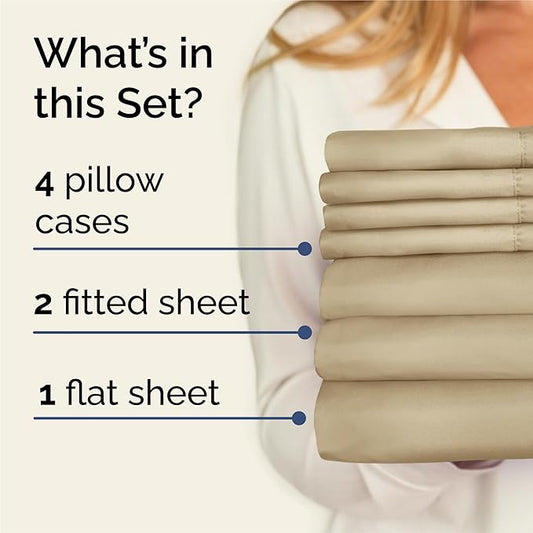 CGK Linens Split King 7 Piece Sheet Set - Cooling Sheets for Hot Sleepers - Hotel Luxury Bedding Set with 8-16 Inch Deep Pockets - 1 Flat & 2 Fitted & 4 Pillowcases - Soft & Wrinkle Free - Split King
