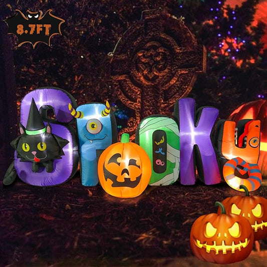 8.7 FT Long Halloween Inflatable Spooky Pumpkin Outdoor Decoration, Holiday Decorations Built-in White LED Light Blow Up Halloween Decorations for Yard, Garden, Lawn,Holiday, Party