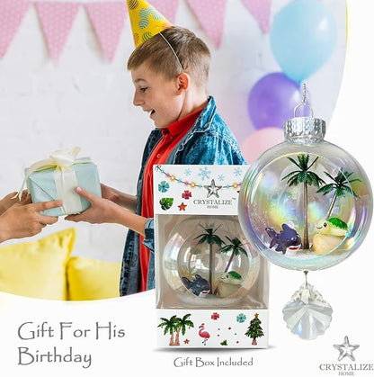 Shark & Turtle Christmas Ornament - Handmade Shatterproof Decorations for Indoor Outdoor Xmas Tree - Clear Ball Ornaments with Magnetic Crystal - Great Gift or Stocking Stuffer for Mom, Sister, Friend