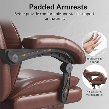 Big and Tall Office Chair, Ergonomic Leather High Back Executive Computer Chair with Retractable Footrest, Adjustable Headrest, Padded Arms, 360°Swivel Free, 90-135°Reclining, 500lbs Wide Seat, Brown