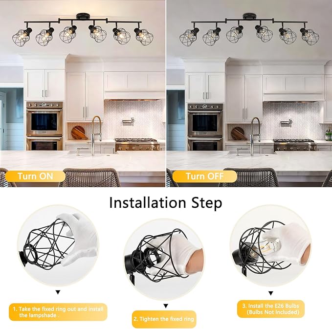 WILON Track Lighting Kit 6 Way Ceiling Spotlight-Industrial Flush Mount Ceiling Light Black Kitchen Ceiling Light Fixtures Kitchen Track Lighting Flexibly Rotatable Light Head E26 Base