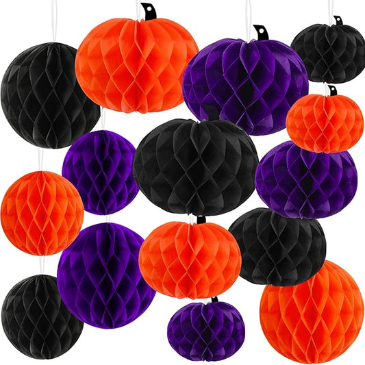 15Pcs Halloween Honeycomb Decorations, Orange Purple Black Pumpkin Paper Honeycomb Balls Halloween Hanging Ornaments for Party Favor Supplies