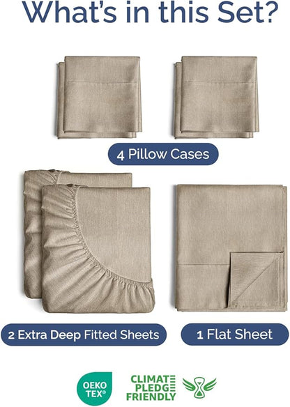 Extra Deep Split King Sheet Set - 7 Piece Breathable & Cooling Sheets - Hotel Luxury Bed Sheets Set - Easy Fit - Soft, Wrinkle Free & Comfy Sheets Set - Heathered Beige Sheet Set w/Extra Deep Pockets