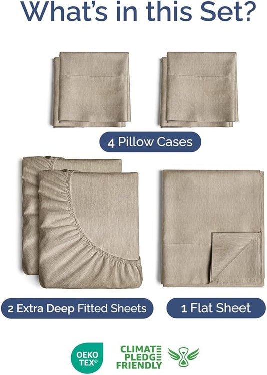 Extra Deep Split King Sheet Set - 7 Piece Breathable & Cooling Sheets - Hotel Luxury Bed Sheets Set - Easy Fit - Soft, Wrinkle Free & Comfy Sheets Set - Heathered Beige Sheet Set w/Extra Deep Pockets
