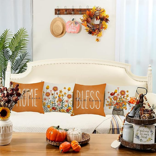 Fall Pillow Covers 18x18 Set of 4, Fall Decorations for Home - Thanksgiving Decorations Autumn Cushion Case for Couch