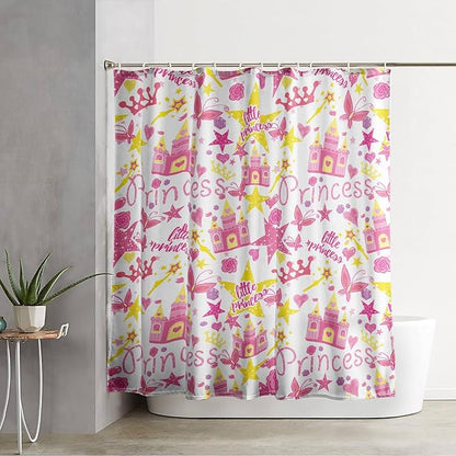 AILONEN Princess Castle Shower Curtain,Cartoon Butterfly and Rose Bathroom Shower Curtain for Girls Boys Kids Teens, 72" W*78" H Pink Glitter Star Theme Bathroom Decor