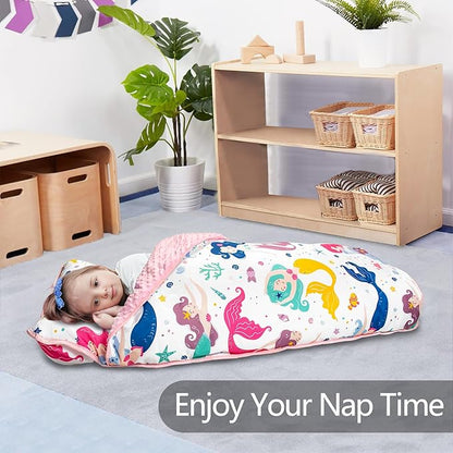 Nap Mat- Toddler Nap Mat with Pillow & Fleece Blanket- 55''*35''*3'' Nap Mat for Toddlers- Nap Mats for Preschool, Daycare