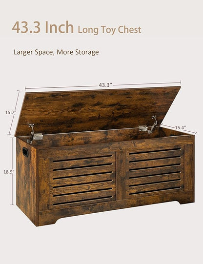 DINZI LVJ Storage Chest, 43.3” Wooden Toy Box with 2 Safety Hinges, Retro Entryway Shoe Storage Bench with Flip-Top, Sturdy Large Storage Trunk for Living Room, Bedroom, Easy Assembly, Rustic Brown