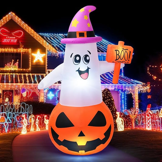 BOHON 5Ft Halloween Inflatables Decorations Outdoor Cute Pumpkin Ghost with Witch Hat Built-in Led Lights Blow Up Yard Decor Inflatable Clearance for Indoor Outside Home Holiday Party Lawn Garden