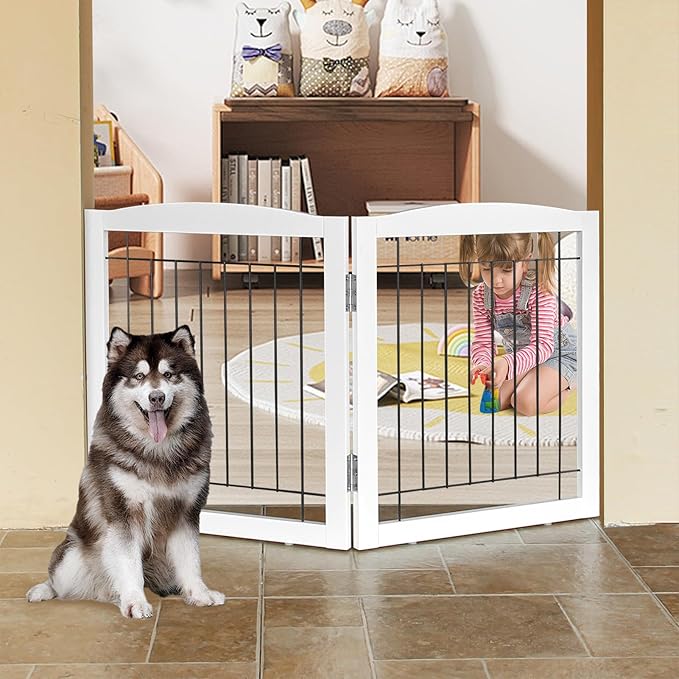ZJSF Freestanding Foldable Extra Wide Wooden White Indoor Puppy Gate - 2 Panels Tall Dog Fence