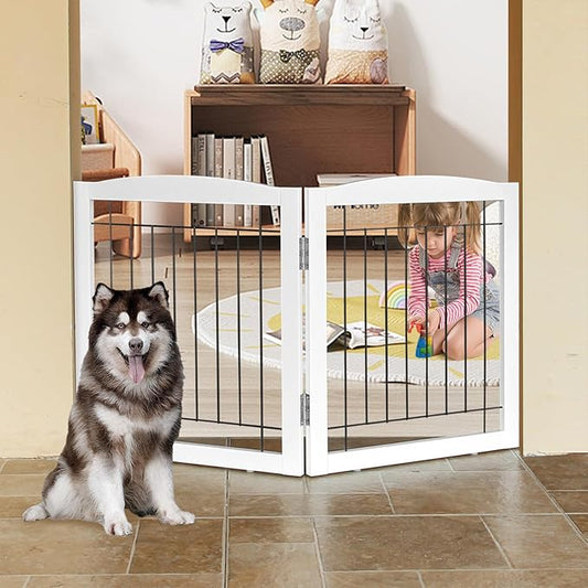 ZJSF Freestanding Foldable Extra Wide Wooden White Indoor Puppy Gate - 2 Panels Tall Dog Fence