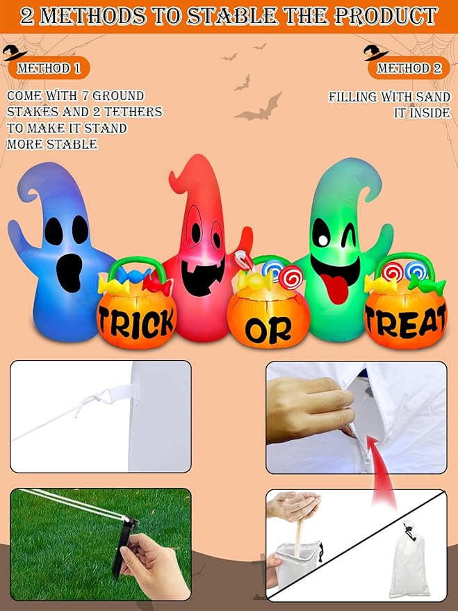 [ 3 Colors Changing Light ] TURNMEON 8 Ft Long Halloween Inflatables Three Ghosts with Pumpkin Candy Bags Halloween Decorations Outdoor Build-in LED Light Blow Up Halloween Decor Yard Party Garden