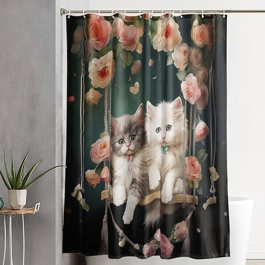 AILONEN Cartoon Beautiful Cat Shower Curtain, Kawaii Kittens with Flower Shower Curtain for Bathroom Decor,Cat Lovers Animal Waterproof Shower Curtains Sets with Hooks,60" W*72" H