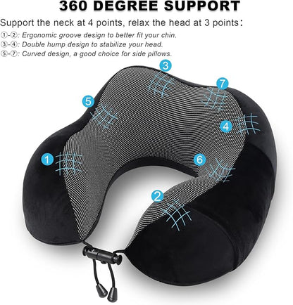 Pure Memory Foam Travel Pillow Set for Adults - Comfortable & Breathable Removable Cover, Airplane Travel Kit with Eye Mask & Portable Storage Bags for Plane Accessories - Black