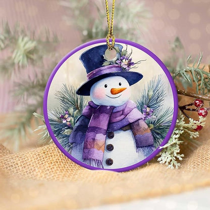Snow Gentleman Ornaments Winter Holiday Round Ceramic Purple Hanging Ornament Christmas Keepsake Decor for Xmas Tree Winter Holiday Xmas Gift for Women Men 3"