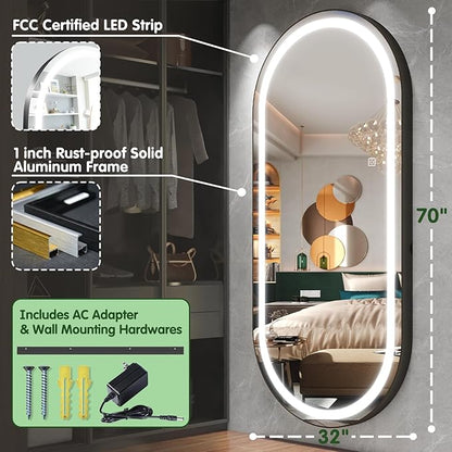 FENNIO 70" x 32" Large Luxury Wall Mounted Mirror with LED Lights - Oval Full Length LED Lighted Full Body Dressing Mirror for Bedroom, Salon, Brushed Aluminum Frame, Tempered Glass
