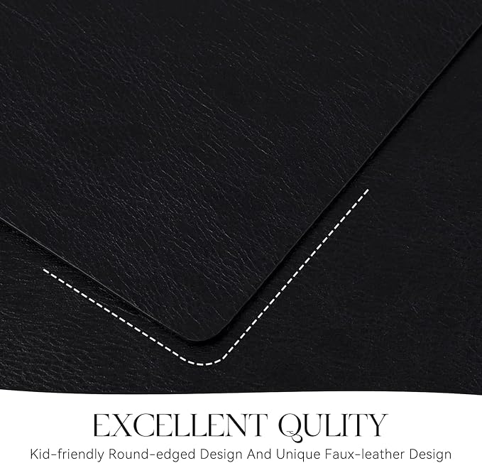 MOSAYT Vinyl Placemats Set of 12-12 X 17 Inch - Faux Leather 100% Waterproof Oil-Proof Wipeable PU Place Mats, Heat Resistant Reversible Table Mats for Kitchen, Dining, Outdoor (Black)