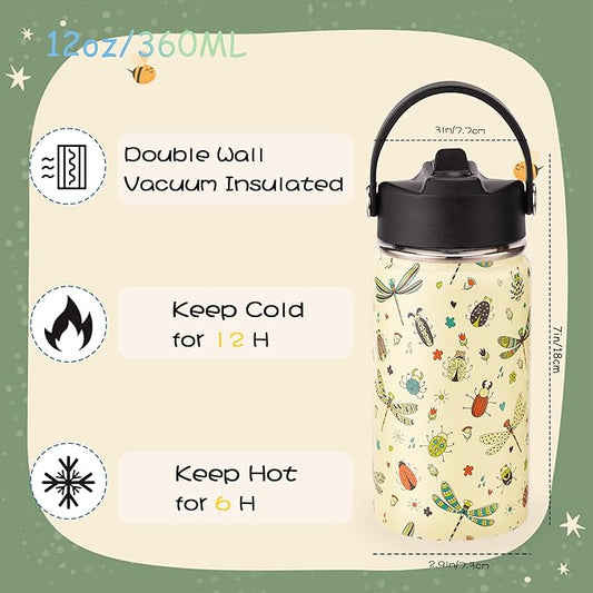 12oz Kids Insulated Water Bottle with Flip Straw & Big Handle, Dragonfly & Bugs, Double Wall 18/8 Stainless Steel, Leakproof Gift for Kids Boys Girls to School Travel Sports, Hands Wash Only, Yellow