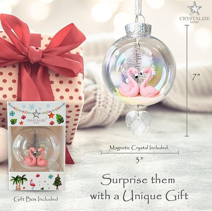 Flamingos Christmas Ornament - Handmade Shatterproof Decorations for Indoor Outdoor Xmas Tree - Clear Ball Ornaments with Magnetic Crystal - Great Gift or Stocking Stuffer for Mom, Sister, Friend