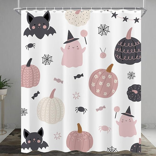 Cute Halloween Shower Curtain 60"X72" Ghost Pumpkin Spooky Funny Girls Shower Curtain Set for Bathroom Kids Cartoon Lovely Waterproof Bathtub Curtain Decor Bat Bathroom Curtain with 12 Hooks