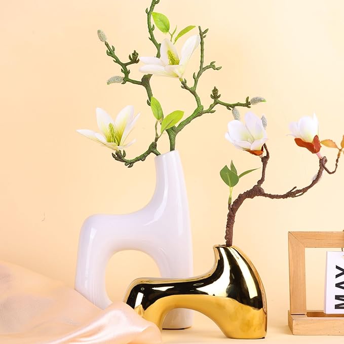Snuggle Hollow Ceramic Vase Set of 2,Funky White and Gold Vases for Centerpieces Table Decorations,Gold Vases for Centerpieces,Modern Flower Vase for Tables Living Room,Unique Vase