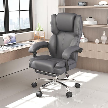 Big and Tall Office Chair, Ergonomic Leather High Back Executive Computer Chair with Retractable Footrest, Adjustable Headrest, Padded Arms, 360°Swivel Free, 90-135°Reclining, 500lbs Wide Seat, Gray
