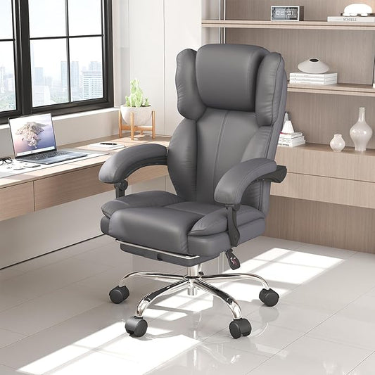 Big and Tall Office Chair, Ergonomic Leather High Back Executive Computer Chair with Retractable Footrest, Adjustable Headrest, Padded Arms, 360°Swivel Free, 90-135°Reclining, 500lbs Wide Seat, Gray