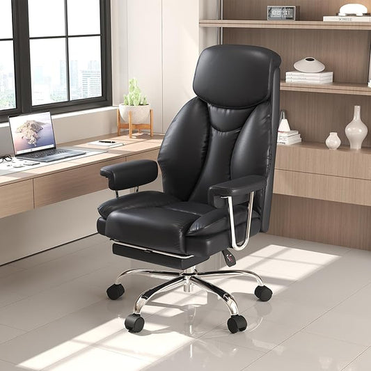 Big and Tall Office Chair, Ergonomic Leather High Back Executive Computer Desk Chair with Retractable Footrest and Padded Arms, 360°Swivel Free, 90-135°Reclining, 500lbs Wide Seat, Black