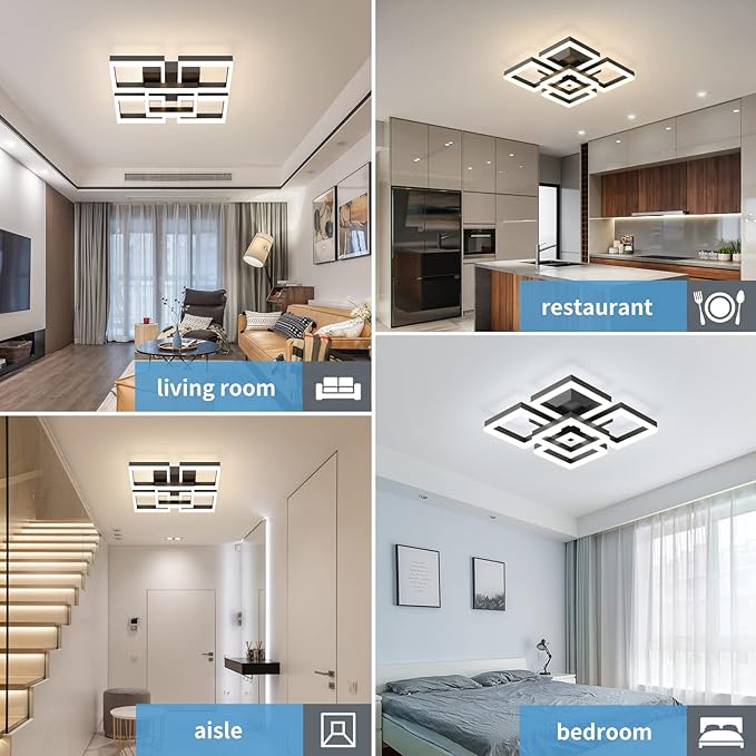 GEADI Modern LED Ceiling Light, 64W Dimmable Black Flush Mount Light 5-Square Ceiling Lamp with Remote Control, Acrylic Ceiling Chandelier Lighting for Living Room Bedroom Office, 3000K-6500K