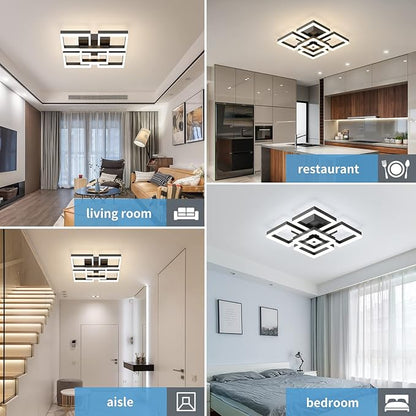 GEADI Modern LED Ceiling Light, 64W Dimmable Black Flush Mount Light 5-Square Ceiling Lamp with Remote Control, Acrylic Ceiling Chandelier Lighting for Living Room Bedroom Office, 3000K-6500K