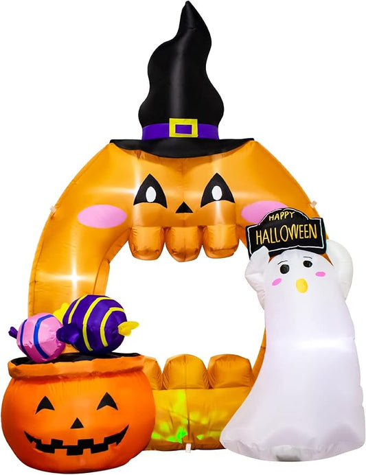 5 Feet Halloween Inflatable Pumpkin Outdoor Decoration with LED Lights, Blow up Halloween Ghost Hollowed Out Archway Pumpkin Inflatable Decor for Indoor Outdoor Yard Halloween Party Photo Spot