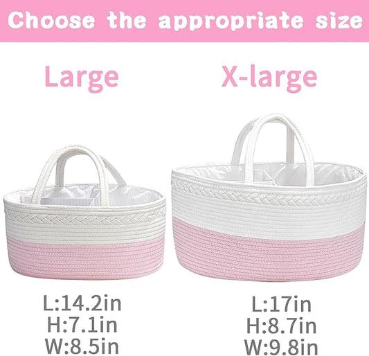 ABenkle X-Large Baby Diaper Caddy, Nursery Storage Bin and Car Organizer for Diapers Wipes, Cotton Rope Basket Changing Table Caddy, Pink