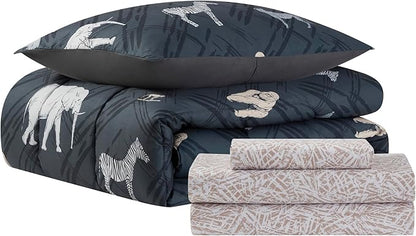 Kids Bedding Set Bed in a Bag for Boys and Girls Toddlers Printed Sheet Set and Comforter, Twin, Safari